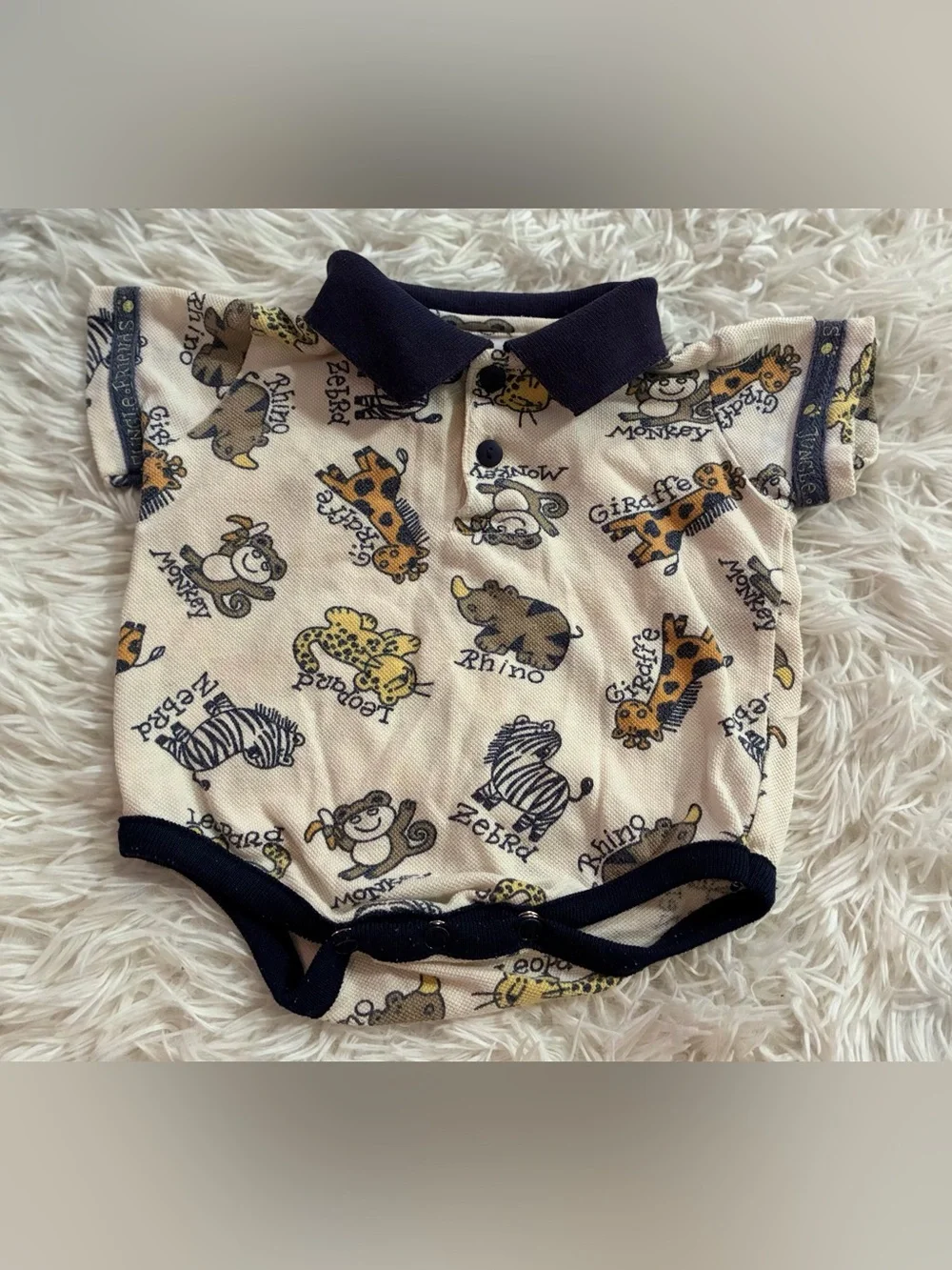 Vintage 90s Small Steps Zoo Jungle Animals Polo Collared Bodysuit Baby Boy 6-9M